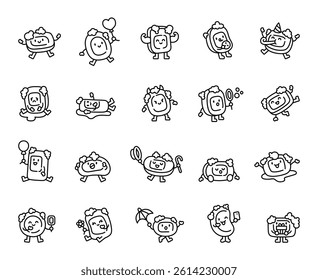 Cute soap foam character design set showing various emotions and funny activities like eating cookies, blowing bubbles, dancing, and holding gifts for hygiene illustrations