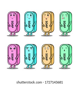 cute soap mascot on isolated white background for collection of funny stickers.
