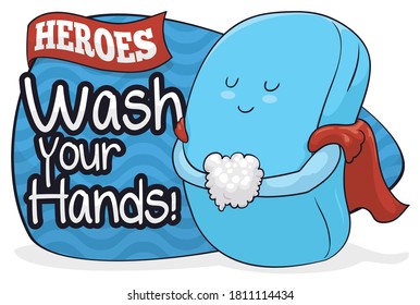 Cute soap wearing a cloak like superhero over waving pattern, washing its hands and promoting the hand cleaning.