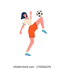 Cute soccer girl drawing.
Women's Football League banner design. Isolated on white ball player
hand drawn poster. Girls in sports vector illustration in flat cartoon style.