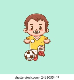 Cute soccer player dancing with ball kawaii chibi character mascot illustration outline style design set