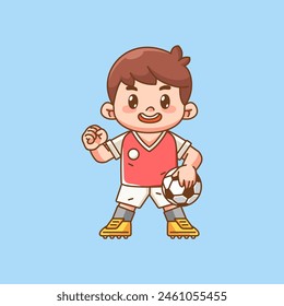 Jugador de fútbol lindo animador emocionado kawaii chibi personaje mascota ilustración esquema estilo diseño conjunto