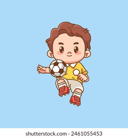 Cute soccer player herd ball on air kawaii chibi character mascot illustration outline style design set