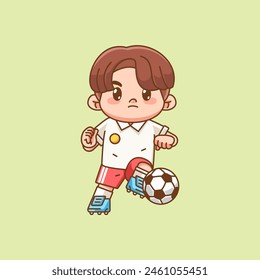 Cute soccer player herding ball kawaii chibi character mascot illustration outline style design set