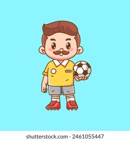 Cute soccer player hold ball kawaii chibi character mascot illustration outline style design set