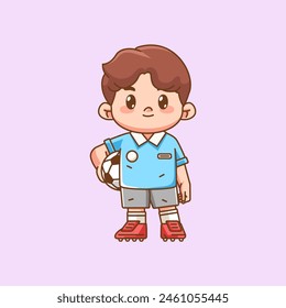 Cute soccer player holding ball kawaii chibi character mascot illustration outline style design set