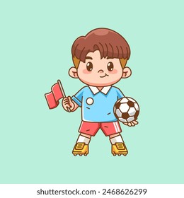 Cute soccer player kawaii chibi with ball and flag character mascot illustration outline style design set