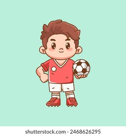 Cute soccer player pose kawaii chibi character mascot illustration outline style design set