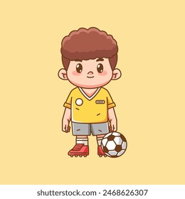 Cute soccer player stand with ball kawaii chibi character mascot illustration outline style design set