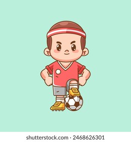 Netter Fußballspieler Schritt auf Ball Kawaii Chibi Charakter Maskottchen Illustration Umriss Stil Design Set