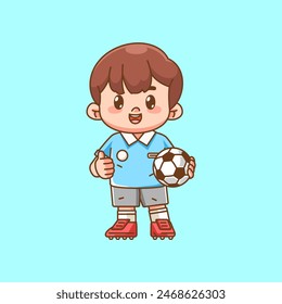 Cute soccer player thumbs up kawaii chibi character mascot illustration outline style design set