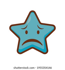 Cute social media blue star with sad face emoji on white background. Royalty Free.