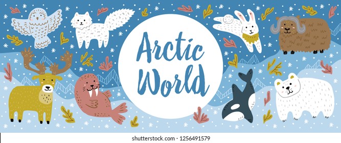 Cute social media cover for zoo, veterinary center. Horizontal banner with funny hand-drawn arctic animals. North pole landscape. Vector template