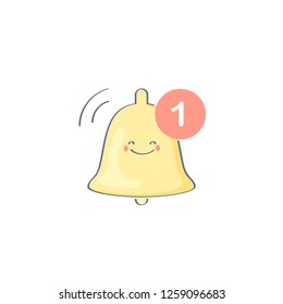 Cute social media notification icon, user interface sign of new message, smiley bells with alert. Flat outline vector illustration on white.