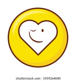 Cute social media winking face heart emoji on a yellow button. Royalty-free.