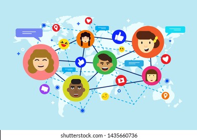 Cute social network flat design concept, vector illustration. Man, woman, bubble chat massage, like, share, love, check in, play video, contact icons on world map background.