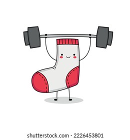 Cute sock cartoon character lifting weight
