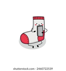 Cute sock cartoon character sitting down scrolling phone doodle