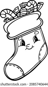Cute sock with gifts.For postcards and coloring books.Vector illustration drawn by hand.