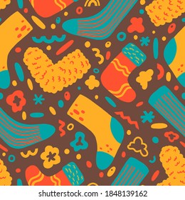 Cute socks flat hand drawn vector seamless pattern. Colorful background in abstract, scandinavian style. Cozy winter clothes. Simple design for wallpaper, wrapping, textile, fabric, decor, print, card