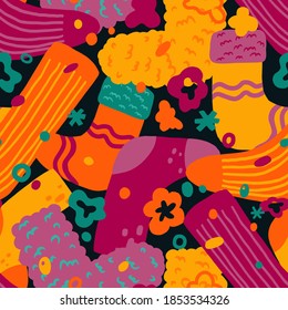 Cute calcetines de plano vector dibujado a mano sin fisuras. Fondo colorido en un estilo abstracto y escandinavo. Cálida ropa de invierno. Diseño sencillo para papel de pared, envoltura, textil, tela, decoración, impresión, tarjeta