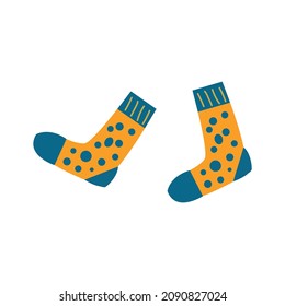 Cute socks isolated on white background in yellow color with dots. Vector illustration. 