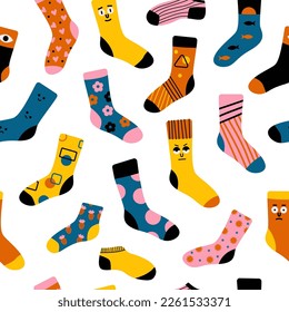 Cute socks pattern. Seamless print of stylish knitted garment accessory, cotton wool clothing items. Vector texture