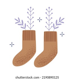 Kuscheln Sie Socken mit Winterpflanzen drinnen. Einzeln auf weißer Vektorgrafik mit grauer Textur