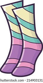 Cute socks with yellow and green stripes cartoon illustration