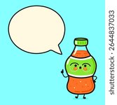 A cute soda bottle cartoon character with a speech bubble on a blue background.