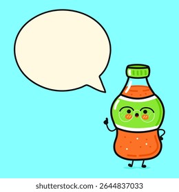 A cute soda bottle cartoon character with a speech bubble on a blue background.