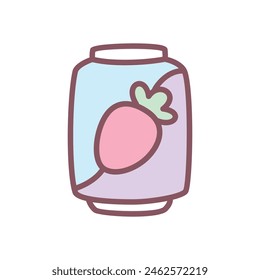 Cute soda can icon. Hand drawn illustration of a strawberry drink jar isolated on a white background. Kawaii sticker. Vector 10 EPS.