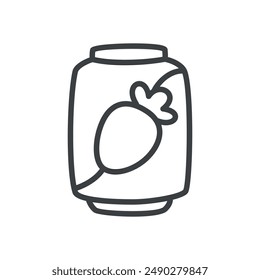 Cute soda can icon. Hand drawn monochrome illustration of a strawberry drink jar isolated on a white background. Kawaii sticker. Vector 10 EPS.