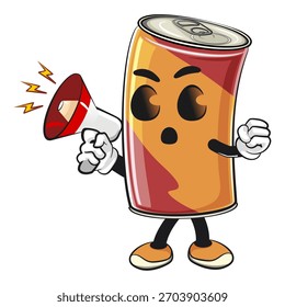 fofo refrigerante pode mascote gritando com um alto-falante, ilustração do vetor do personagem da bebida do desenho animado, trabalho do desenhado à mão