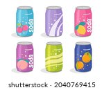Cute Soda Cans Collection. Hand drawn adorable set of soft drinks in aluminum cans set. Modern colors soft drinks cans fancy illustrations. Trendy design of cans with lemon, cherry and bubbles. Vector