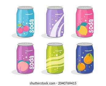 Cute Soda Cans Collection. Hand drawn adorable set of soft drinks in aluminum cans set. Modern colors soft drinks cans fancy illustrations. Trendy design of cans with lemon, cherry and bubbles. Vector