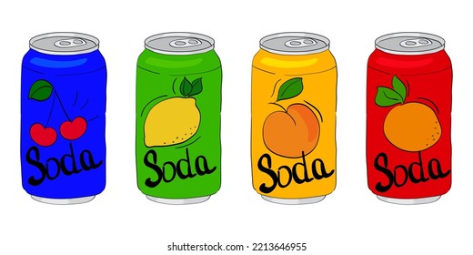 Colección Cute Soda Cans. Conjunto adorable de refrescos a mano en latas de aluminio. Colores modernos, latas de refrescos, ilustraciones elegantes. Diseño moderno de latas con limón, cerezo, melocotón y naranja