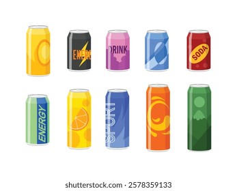 Cute Soda Cans Collection. Hand drawn adorable set of soft drinks in aluminum cans set. Modern colors soft drinks cans fancy illustrations. Trendy design of cans with lemon, cherry and bubbles. Vector