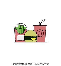 Cute soda, cheese burger, french fries Illustration. junk food. fast food. modern simple food vector icon, flat graphic symbol in trendy flat design style.