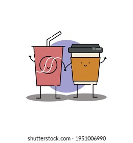 Cute soda and coffe hold hand  Illustration. modern simple food vector icon, flat graphic symbol in trendy flat design style. Food character.