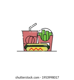 Cute soda, french fries, hotdog Illustration. junk food. fast food. modern simple food vector icon, flat graphic symbol in trendy flat design style.