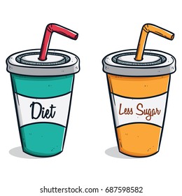 Cute Soda Paper Cups With Less Sugar And Diet Text Using Hand Drawn Or Doodle Style