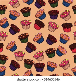 cute soft beige pink seamless pattern with delicious sweet cakes, colorful cupcakes and muffins