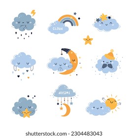 Cute Soft Blue Cloud with Smiling Face as Weather Character Vector Set