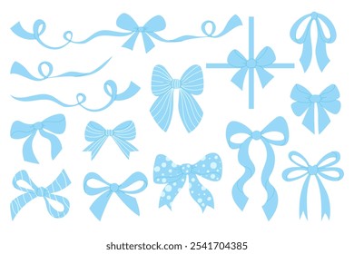 Cute soft blue decorative bow ribbon collection. Isolated girly coquette aesthetic element on white background. Vector illustration. Trendy textured hand drawn accessories