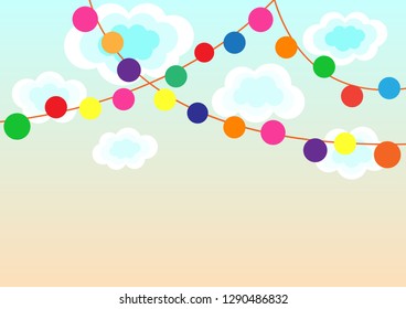 Cute soft blue pink color sky with cloud background vector illustration. Light bubble cartoon rainbow color decorative twilight sky.