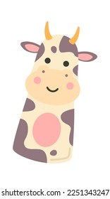 Cute suave marioneta de vaca icono plano juguetes hechos a mano. Ilustración del vector