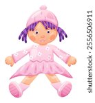 Cute soft doll toy in pink dress with bow on hair