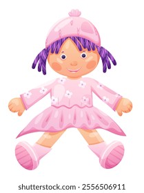 Cute soft doll toy in pink dress with bow on hair
