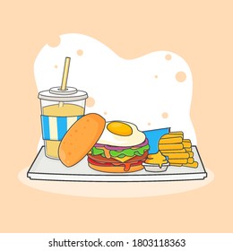 Cute Soft Drink, Burger, French Fries and Mustard icon illustration. Fast food icon concept isolated . Flat cartoon style Premium Vector